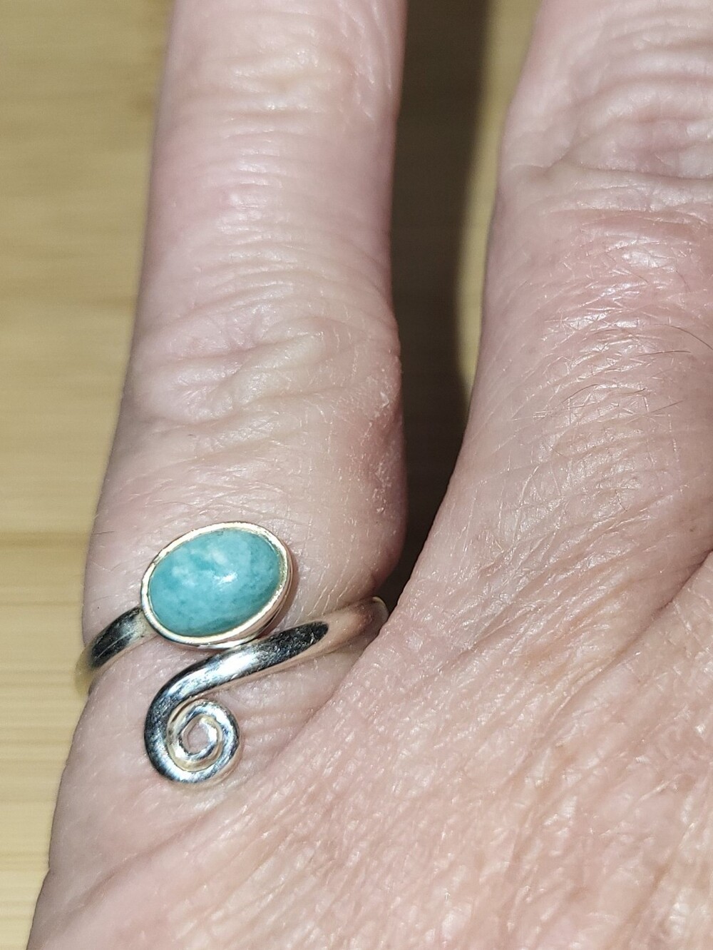 Adjustable 925 Sterling Silver Swirl Ring with Aqua Blue Larimar Stone